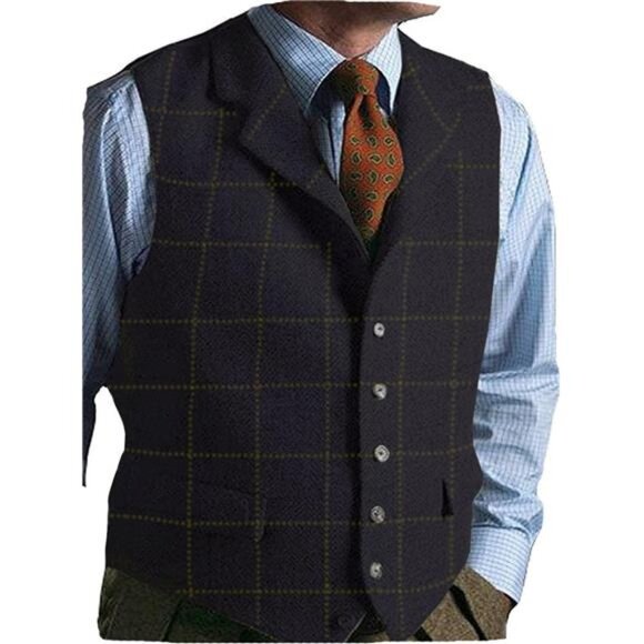 Mens Casual Plaid Suit Vest Tweed Slim Fit Waistcoat for Wedding Groomsmen